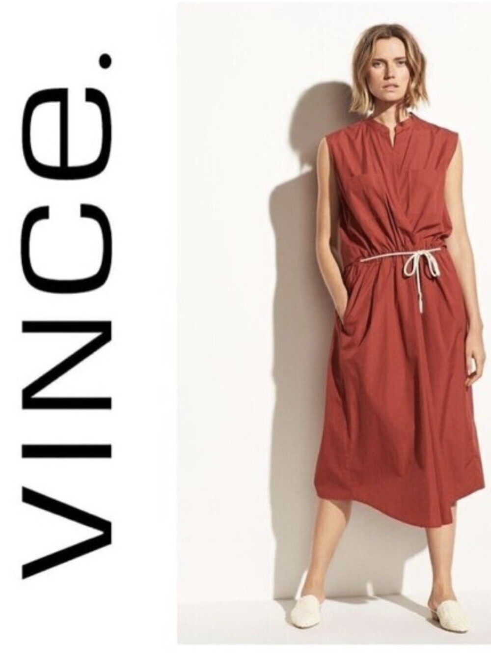 Vince Cotton Sleeveless Cutout Utility Dress With Belt in Paprika
